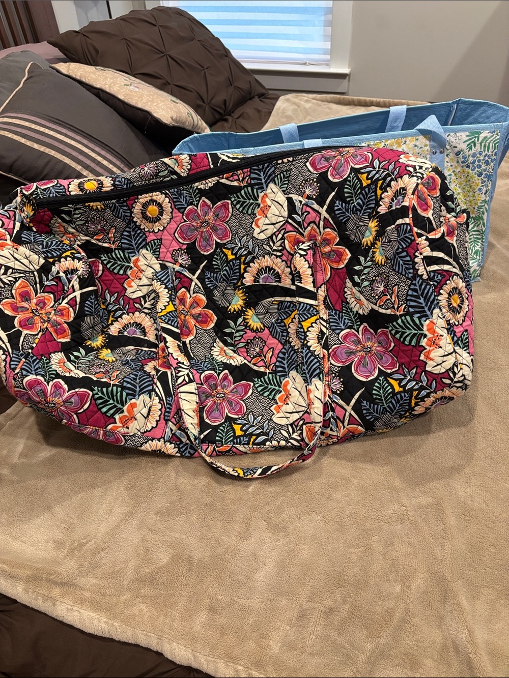Vera Bradley Black Quilted Floral Travel Tote with Pink and Yellow Accents